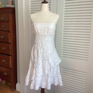 Ralph Lauren 100% Linen White Embroidered Midi Dress Size 10 Ruffled Hem & Spagh